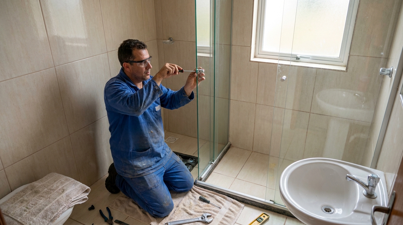 Técnico realizando manutenção de box em Cotia‑SP